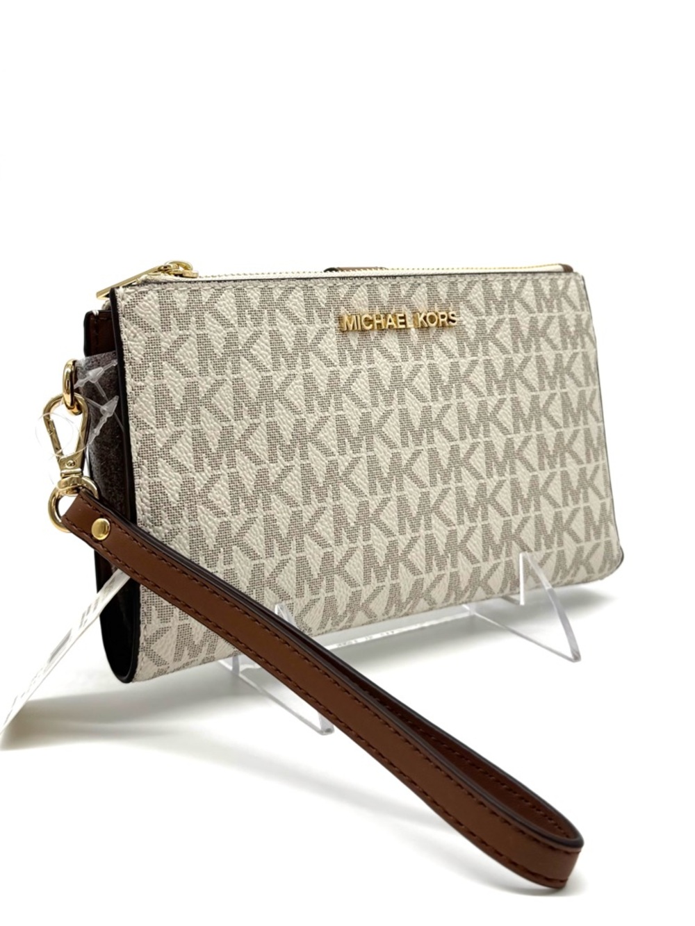 Michael Kors Large Double Zip Wallet Wristlet Vanilla/Brown